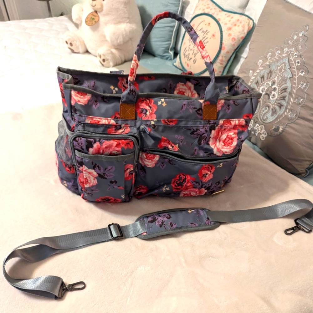 Floral Diaper Bag with Removable Strap - Gray with Pink Rose Print